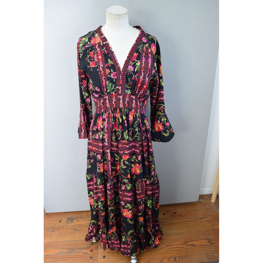 Avara Taylor Maxi Dress Small Black Floral Paisley Boho Tiered Bell New